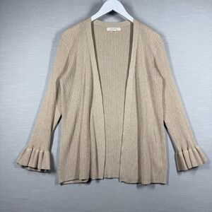 Pointelle Cardigan Women L Beige Open Ruffle Cuff Ribbed Knit Neutral Minimalist